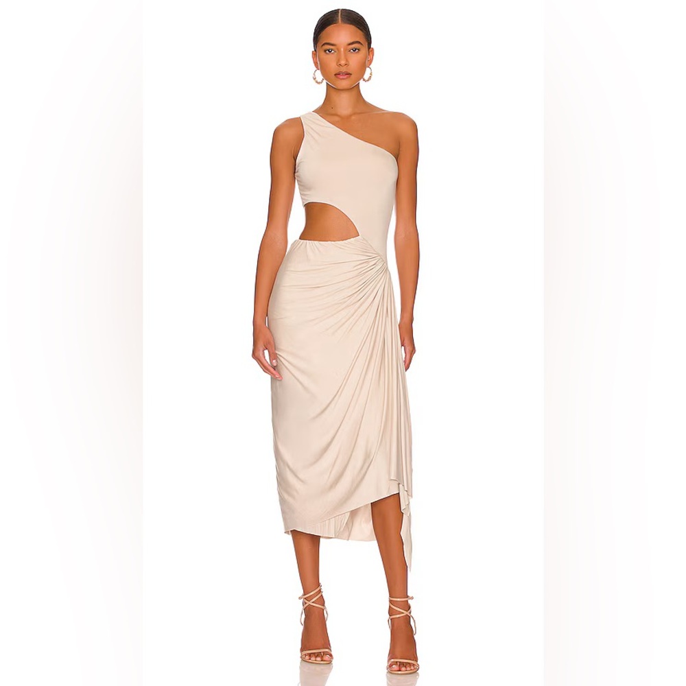 L'Academie One-Shoulder Cutout Midi Dress in Light Beige